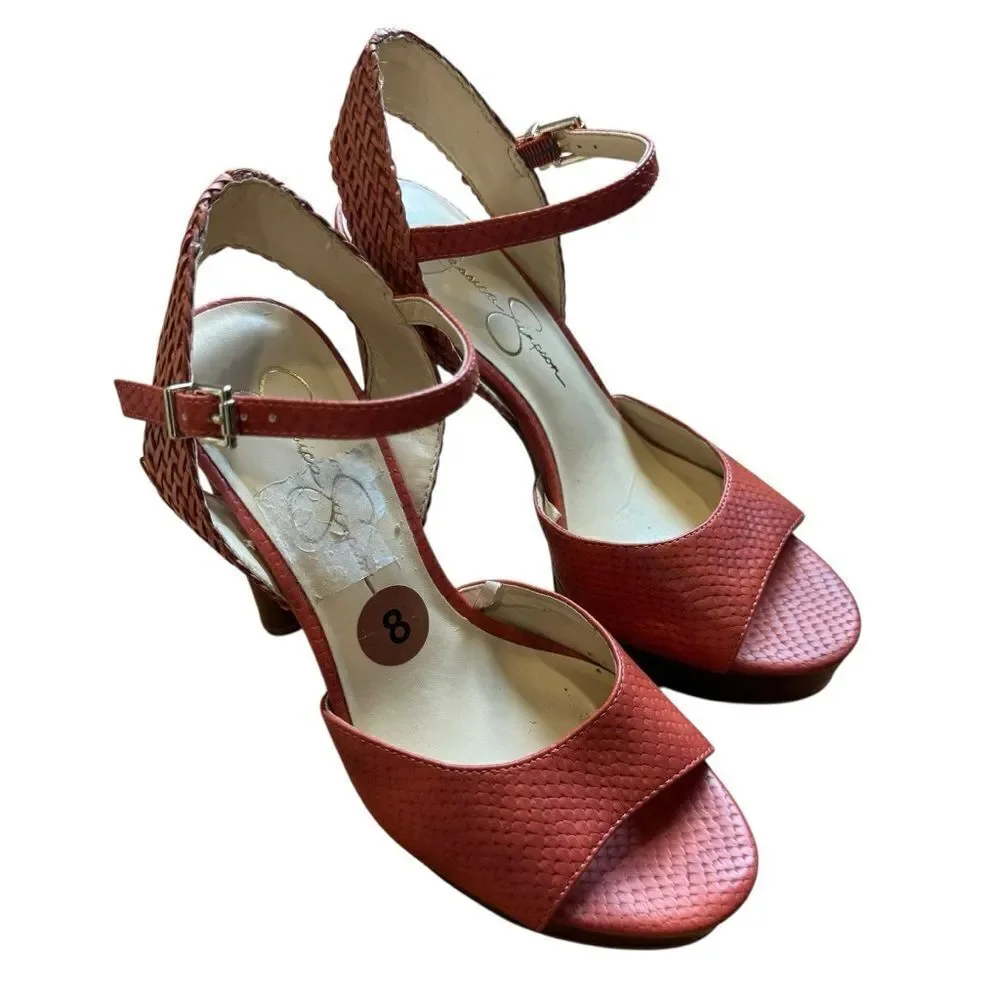 Jessica Simpson istilla burnt orange wood heel basketweave straps platform heels